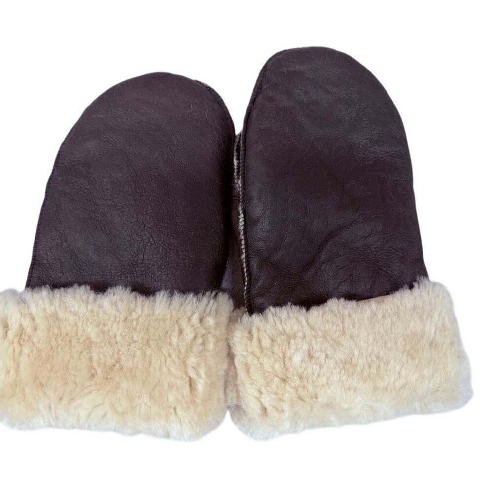 Real Sheepskin Shearling Mittens Dark Brown Black L Winter Warm